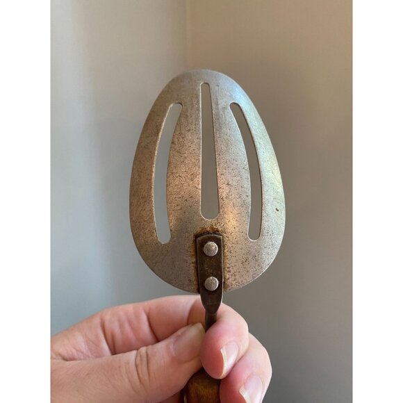 Vintage Metal Slotted Serving Spatula With Red Wooden Handle - Picture 5 of 6